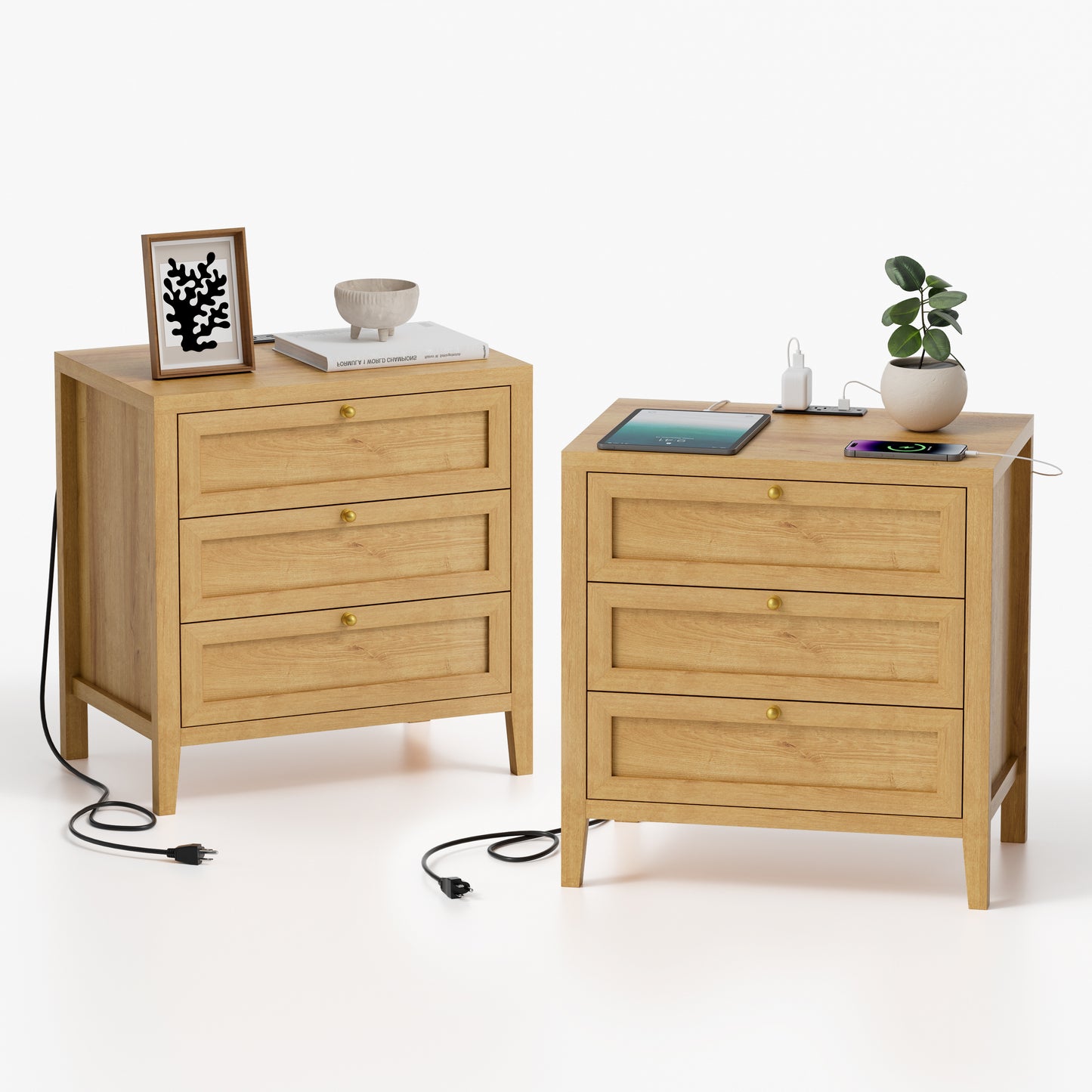 Farmhouse Nightstands Set of 2 with 3 Drawers Larger Night Stand with Charging Station Tall Bed Side Table Wide Nightstand End Table for Sofa, Bedroom