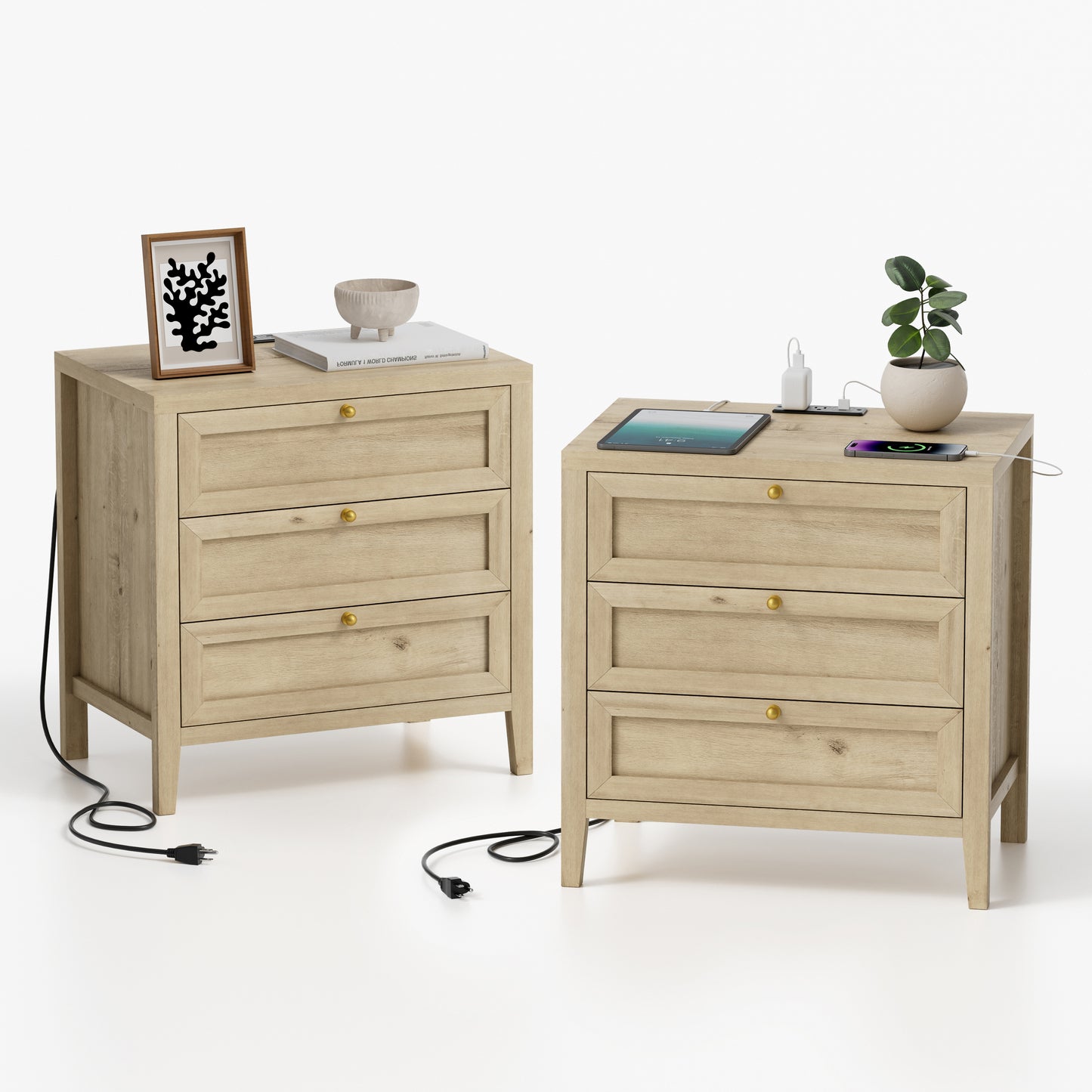 Farmhouse Nightstands Set of 2 with 3 Drawers Larger Night Stand with Charging Station Tall Bed Side Table Wide Nightstand End Table for Sofa, Bedroom