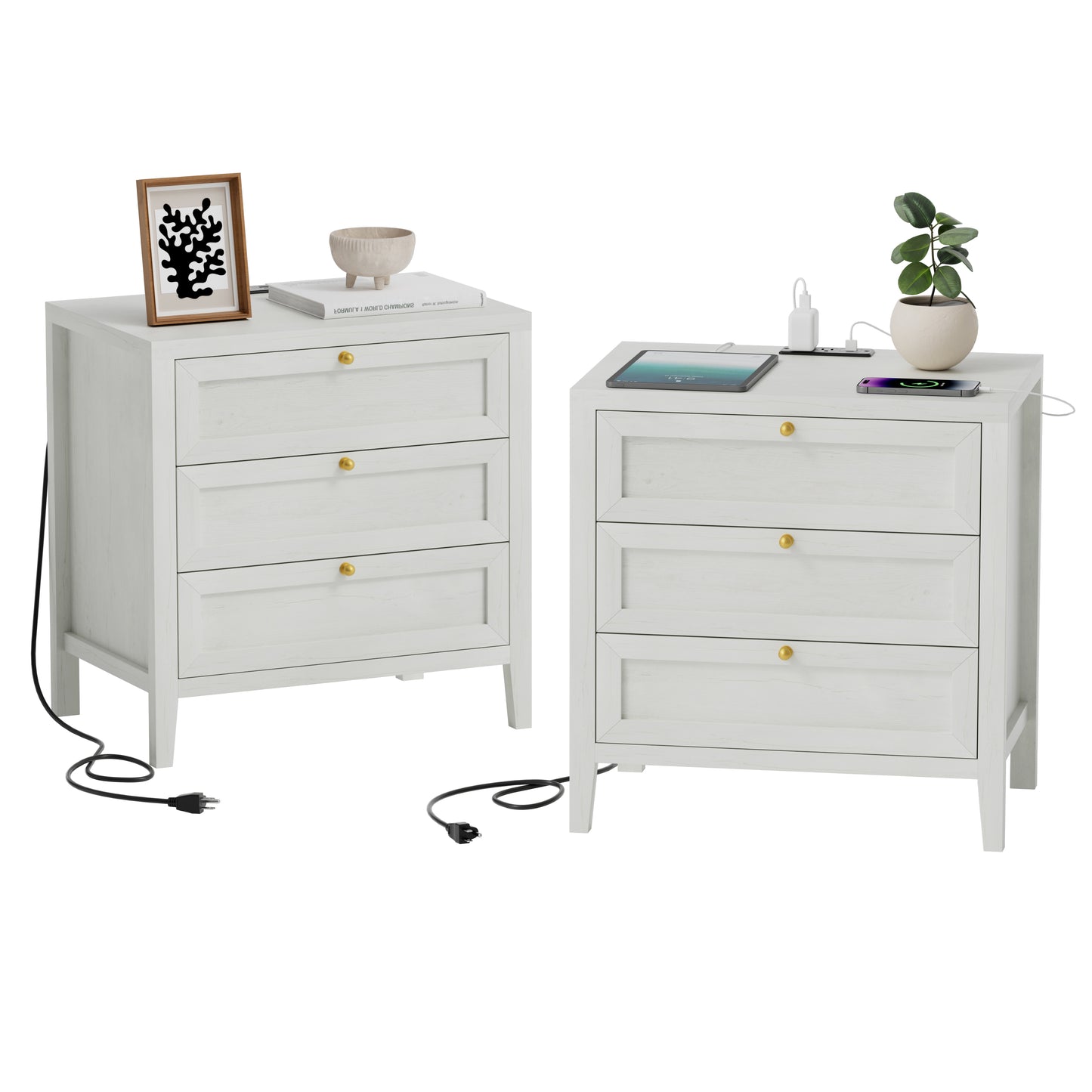 Farmhouse Nightstands Set of 2 with 3 Drawers Larger Night Stand with Charging Station Tall Bed Side Table Wide Nightstand End Table for Sofa, Bedroom