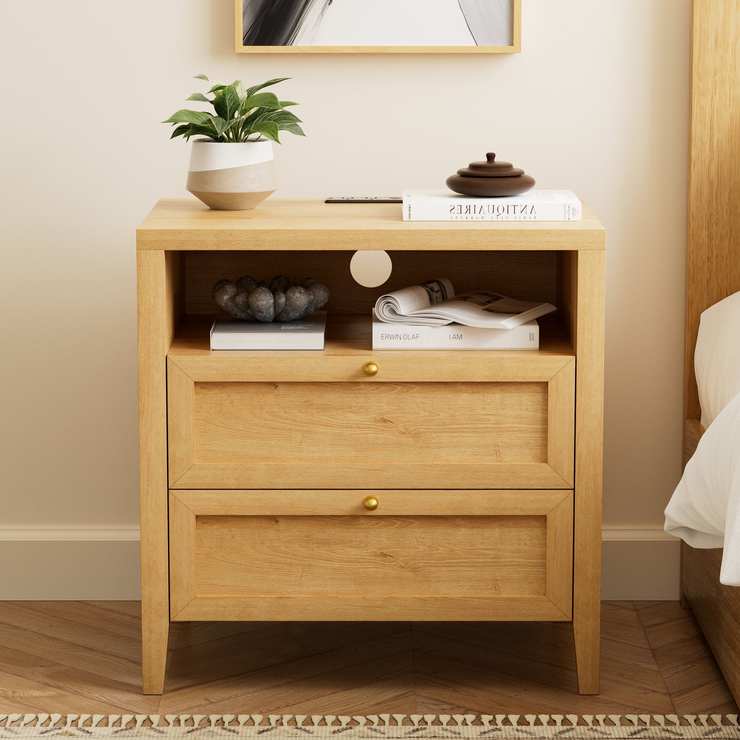Farmhouse End Table with 2 Drawers, Wooden Nightstand with Open Storage Cable Hole Freestanding Wide Bedside Table for Bedroom Living Room Sofa