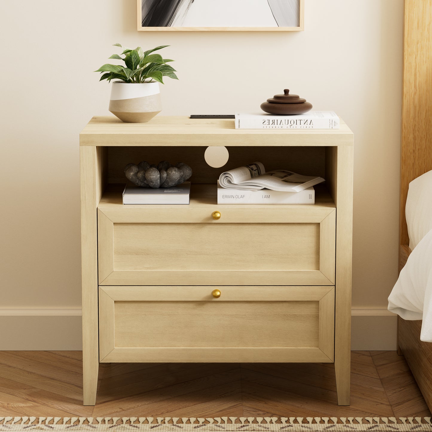 Farmhouse End Table with 2 Drawers, Wooden Nightstand with Open Storage Cable Hole Freestanding Wide Bedside Table for Bedroom Living Room Sofa