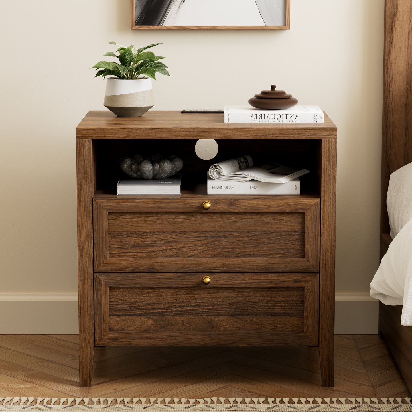Farmhouse End Table with 2 Drawers, Wooden Nightstand with Open Storage Cable Hole Freestanding Wide Bedside Table for Bedroom Living Room Sofa