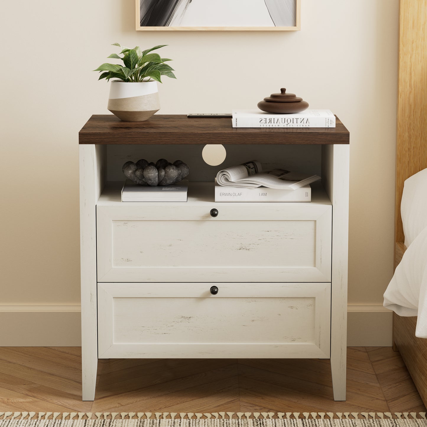Farmhouse End Table with 2 Drawers, Wooden Nightstand with Open Storage Cable Hole Freestanding Wide Bedside Table for Bedroom Living Room Sofa