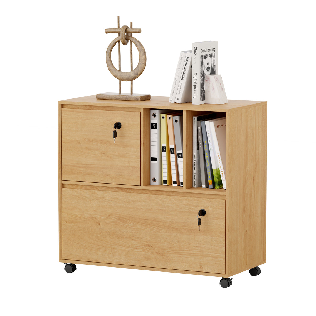 2 Drawer Mobile File Cabinet with Lock, Wood Lateral Filing Cabinet with 2 Open Shelves, Fits for A4/Letter-Sized Files, Printer for Home Office