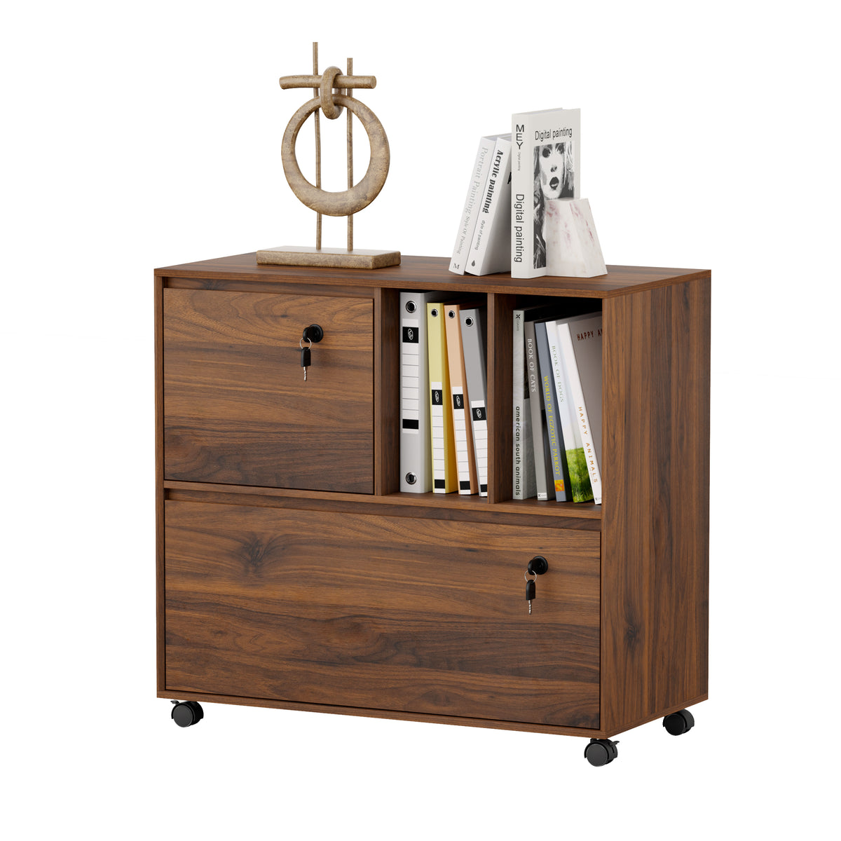 2 Drawer Mobile File Cabinet with Lock, Wood Lateral Filing Cabinet with 2 Open Shelves, Fits for A4/Letter-Sized Files, Printer for Home Office