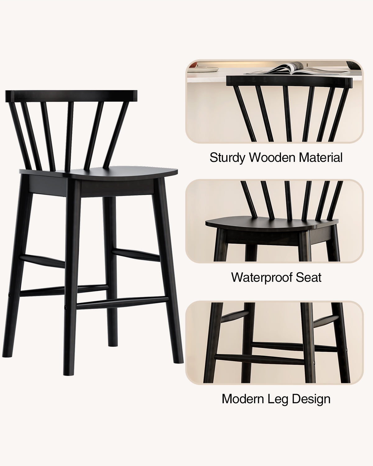 Modern Bar Stools Set of 2, 24" Wooden Counter Height Barstools, Modern Armless Farmhouse Bar Dining Chairs with Back & Footrest for Kitchen Island Pub