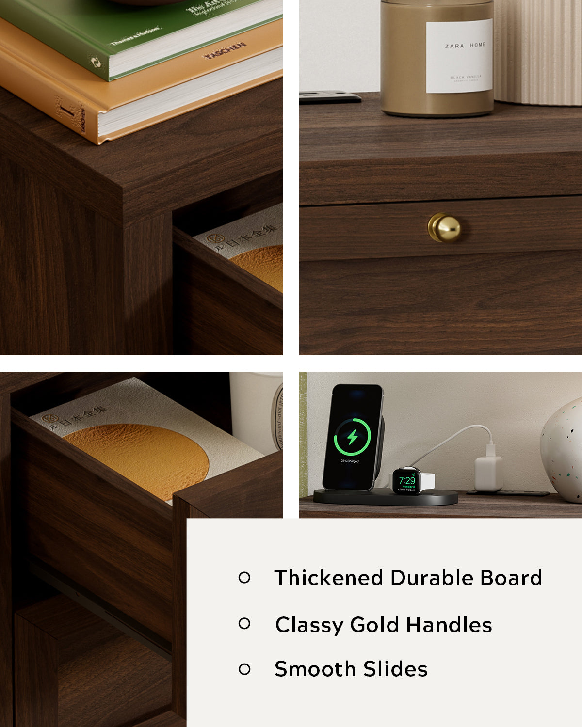 Farmhouse Nightstands Set of 2 with 3 Drawers Larger Night Stand with Charging Station Tall Bed Side Table Wide Nightstand End Table for Sofa, Bedroom