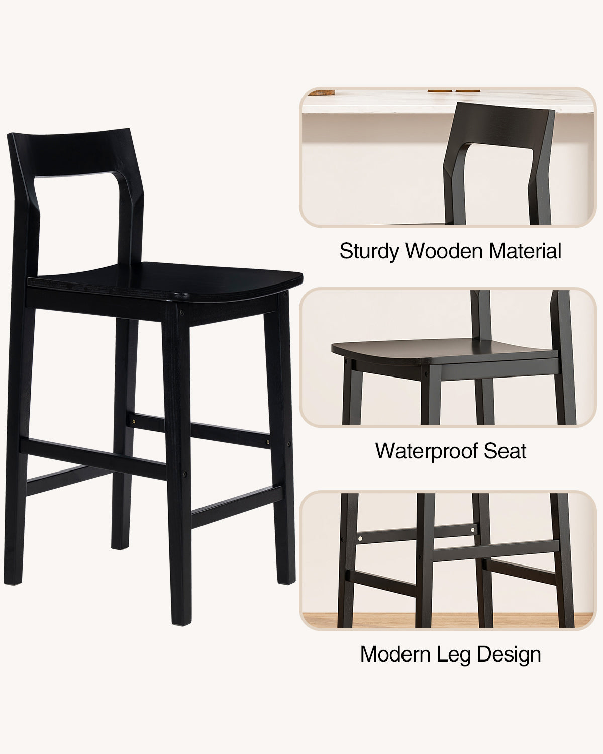 Modern Wood Barstools, Counter Height Bar Stools Armless Farmhouse Wooden Bar Dining Chairs with Back & Footrest for Kitchen Island Cafe Pub