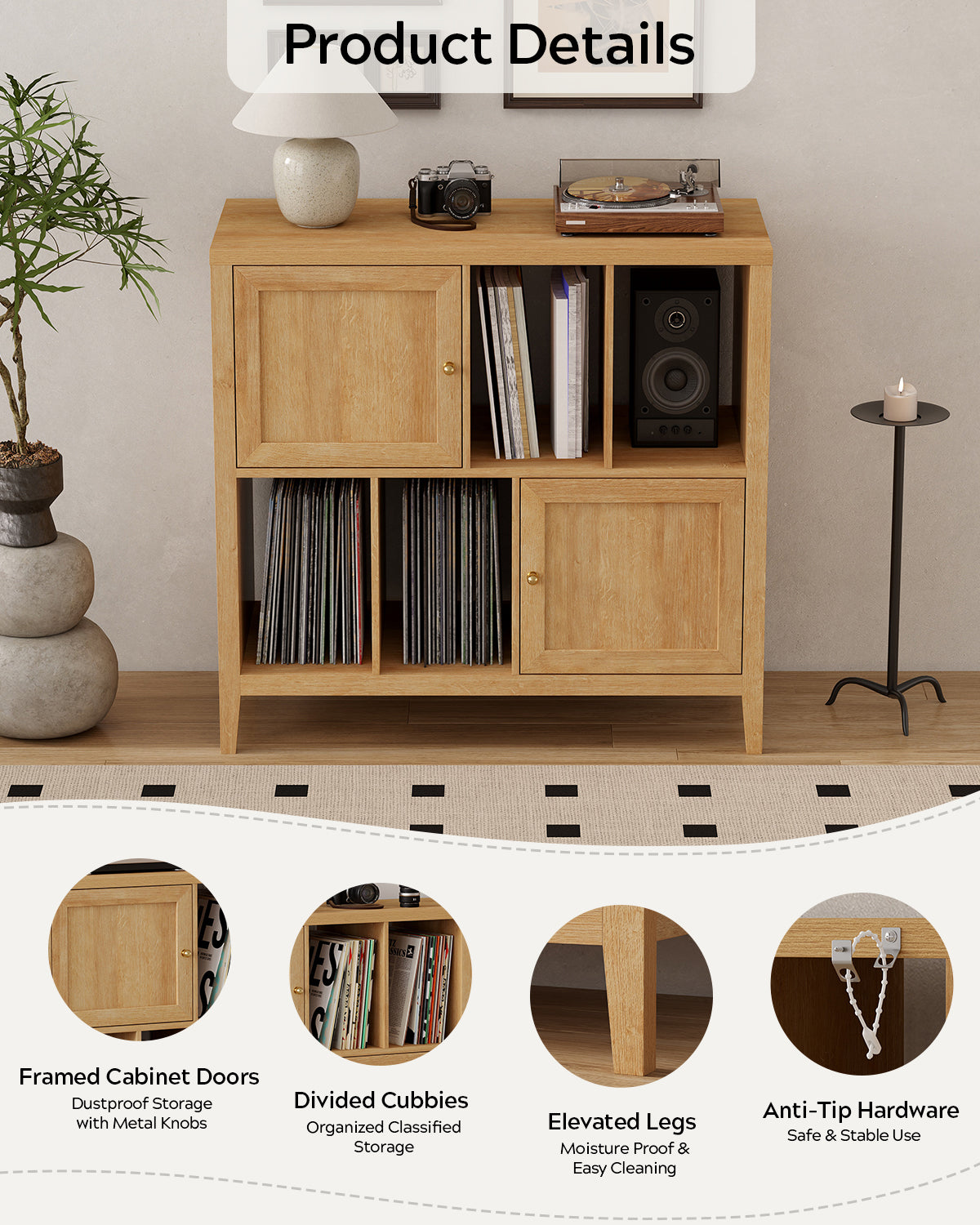 Record Player Stand with Vinyl Storage Cabinet,with Door Record Player Table,for Living Room, Office