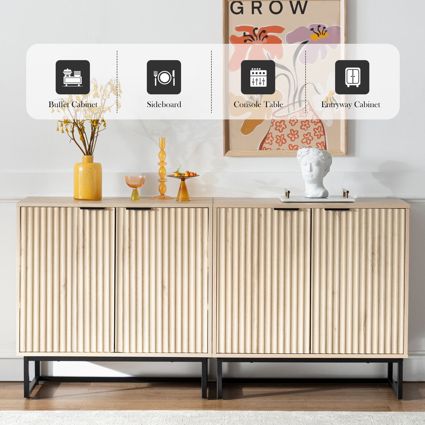 Fluted Storage Cabinet,Sideboard Buffet Cabinet with Adjustable Shelves,Multifunctional Console Table with Storage Credenza Accent Cabinet for Living Room, Dining Room, Hallway