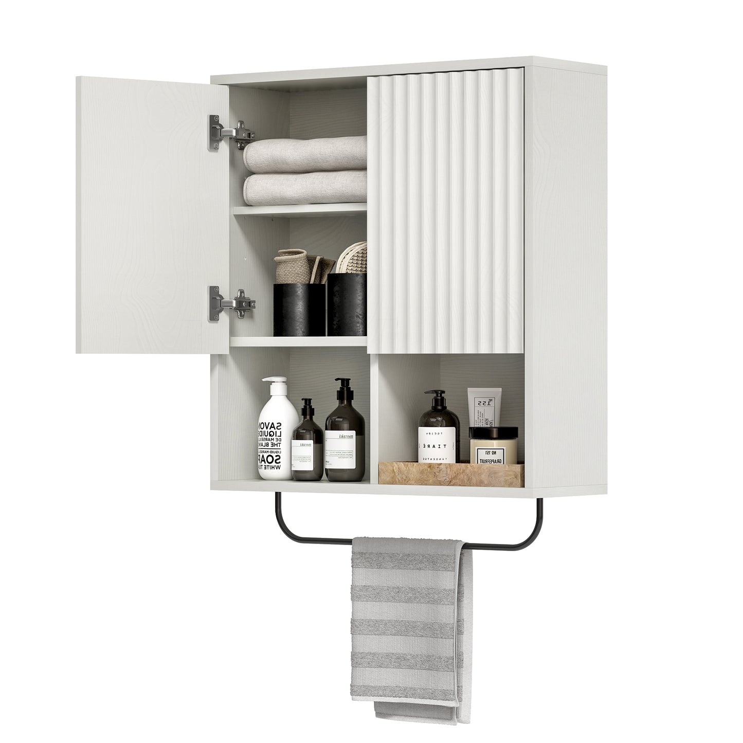 Fluted Wall Cabinets with Doors and Shelves Set of 2, Modern Medicine Cabinet Bathroom Adjustable Shelf Towel Rack Wood Storage Cabinet for Kitchen Dining Room Living Room
