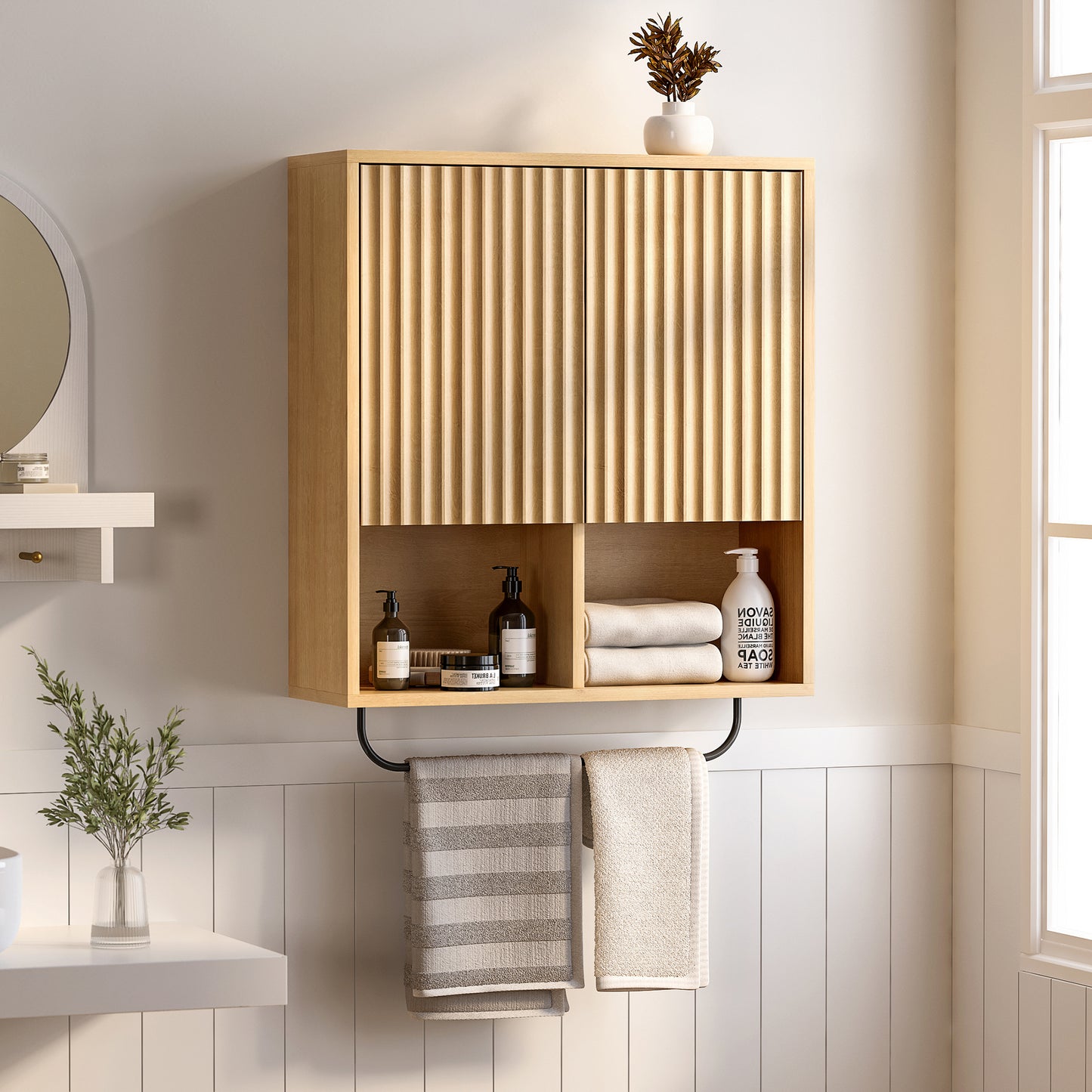 Fluted Wall Cabinets with Doors and Shelves Set of 2, Modern Medicine Cabinet Bathroom Adjustable Shelf Towel Rack Wood Storage Cabinet for Kitchen Dining Room Living Room
