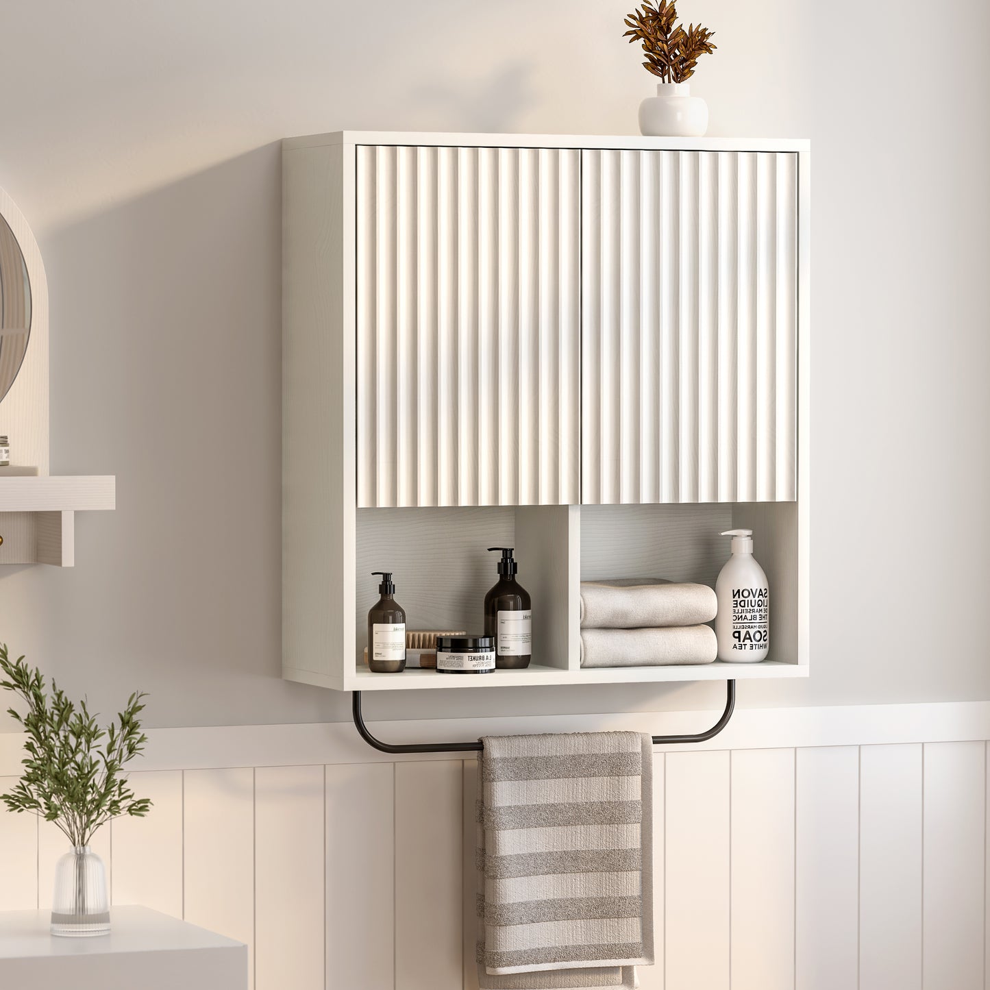 Fluted Wall Cabinets with Doors and Shelves Set of 2, Modern Medicine Cabinet Bathroom Adjustable Shelf Towel Rack Wood Storage Cabinet for Kitchen Dining Room Living Room