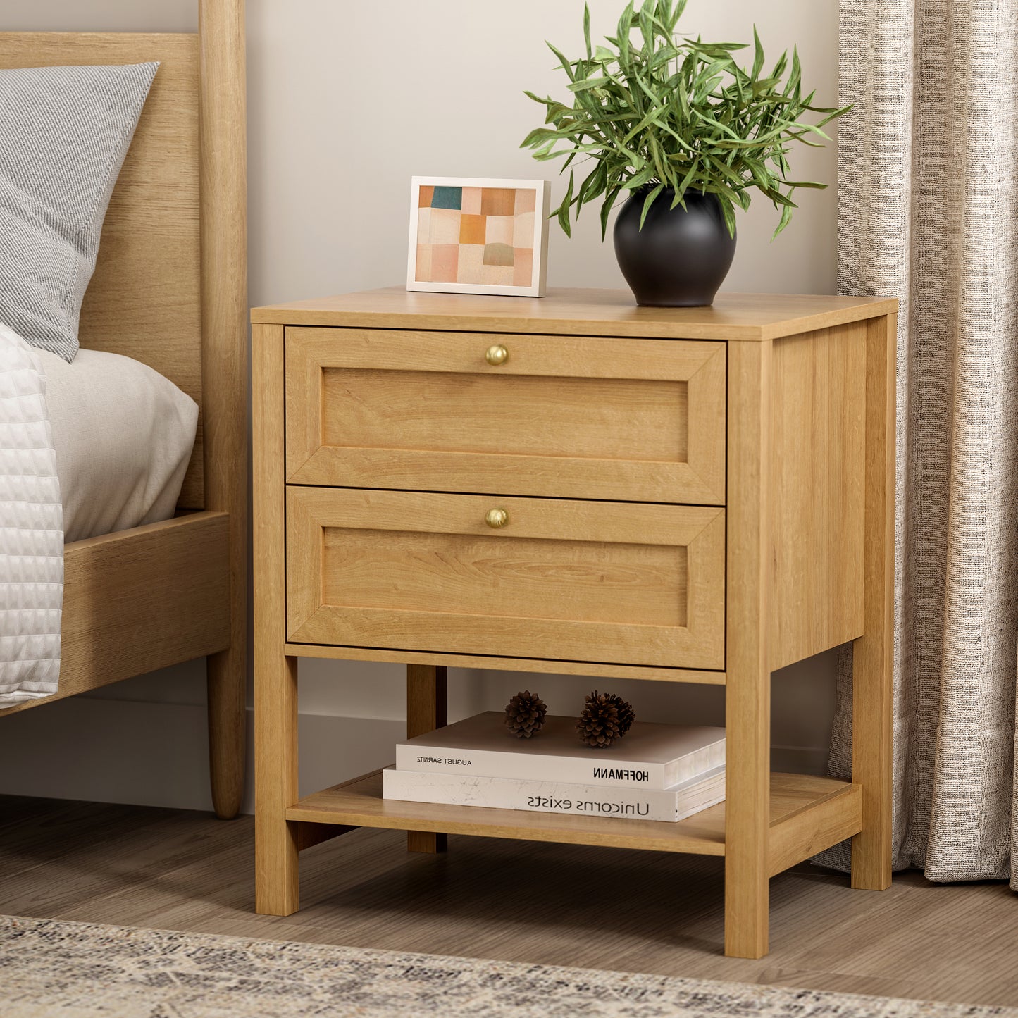 End Table with 2 Drawers, Farmhouse Nightstand with Open Shelf, Modern Bedside Cabinet Side Table Night Stand for Bedroom, Living Room