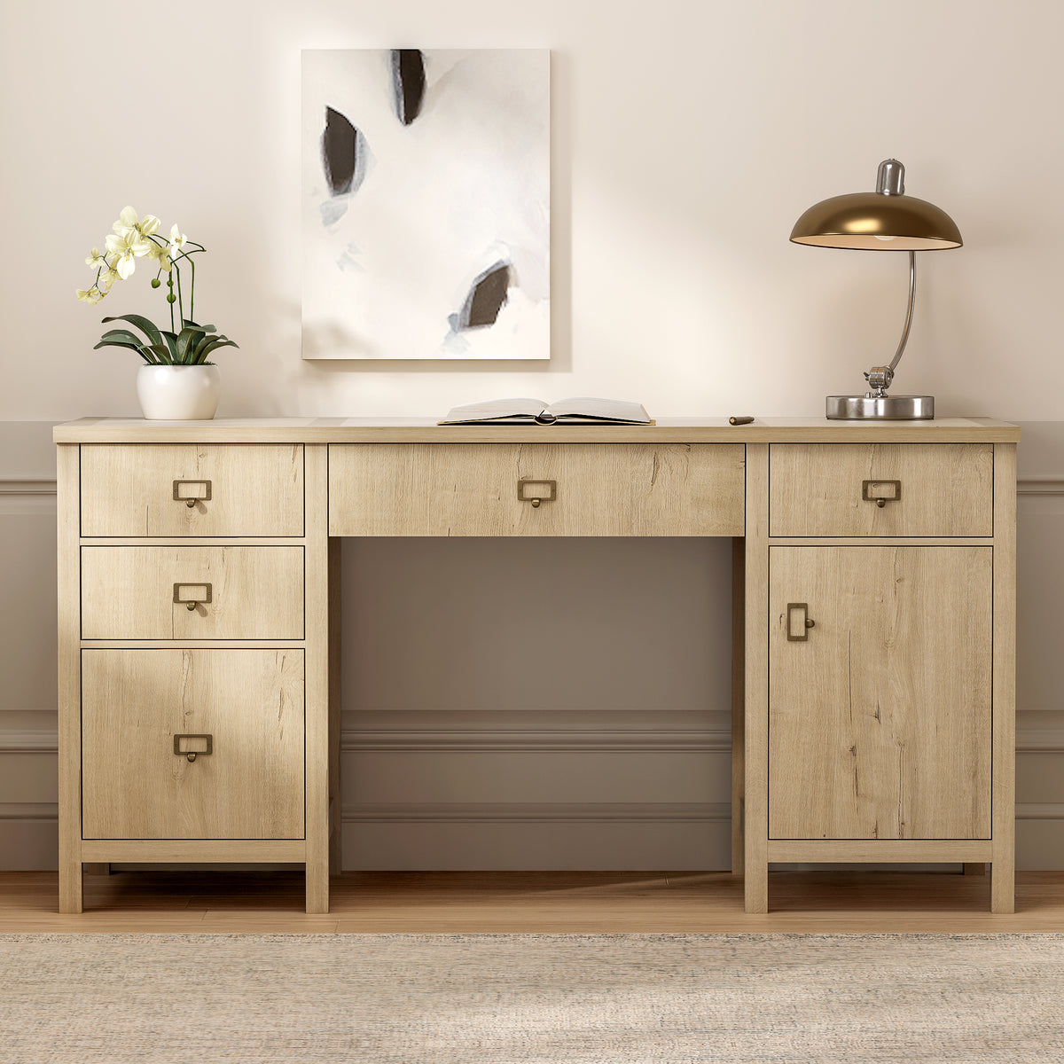 59" Executive Desk with File Drawer, Farmhouse Computer Desk with Charging Station and Storage Cabinet Wood Home Office Desk for Writing Study