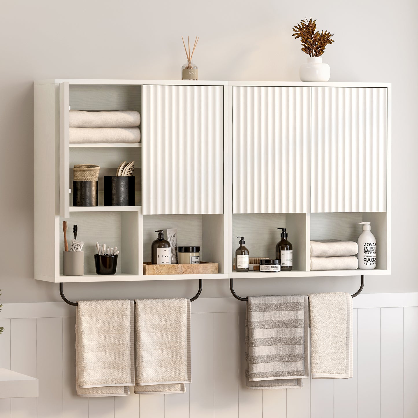 Fluted Wall Cabinets with Doors and Shelves Set of 2, Modern Medicine Cabinet Bathroom Adjustable Shelf Towel Rack Wood Storage Cabinet for Kitchen Dining Room Living Room