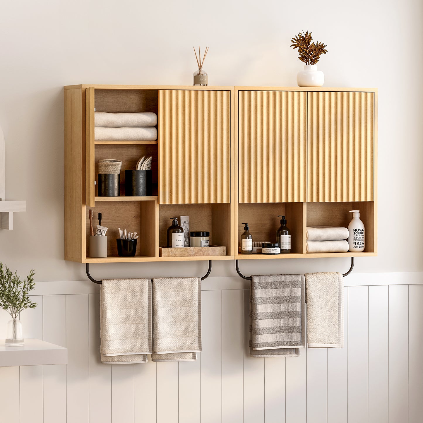 Fluted Wall Cabinets with Doors and Shelves Set of 2, Modern Medicine Cabinet Bathroom Adjustable Shelf Towel Rack Wood Storage Cabinet for Kitchen Dining Room Living Room