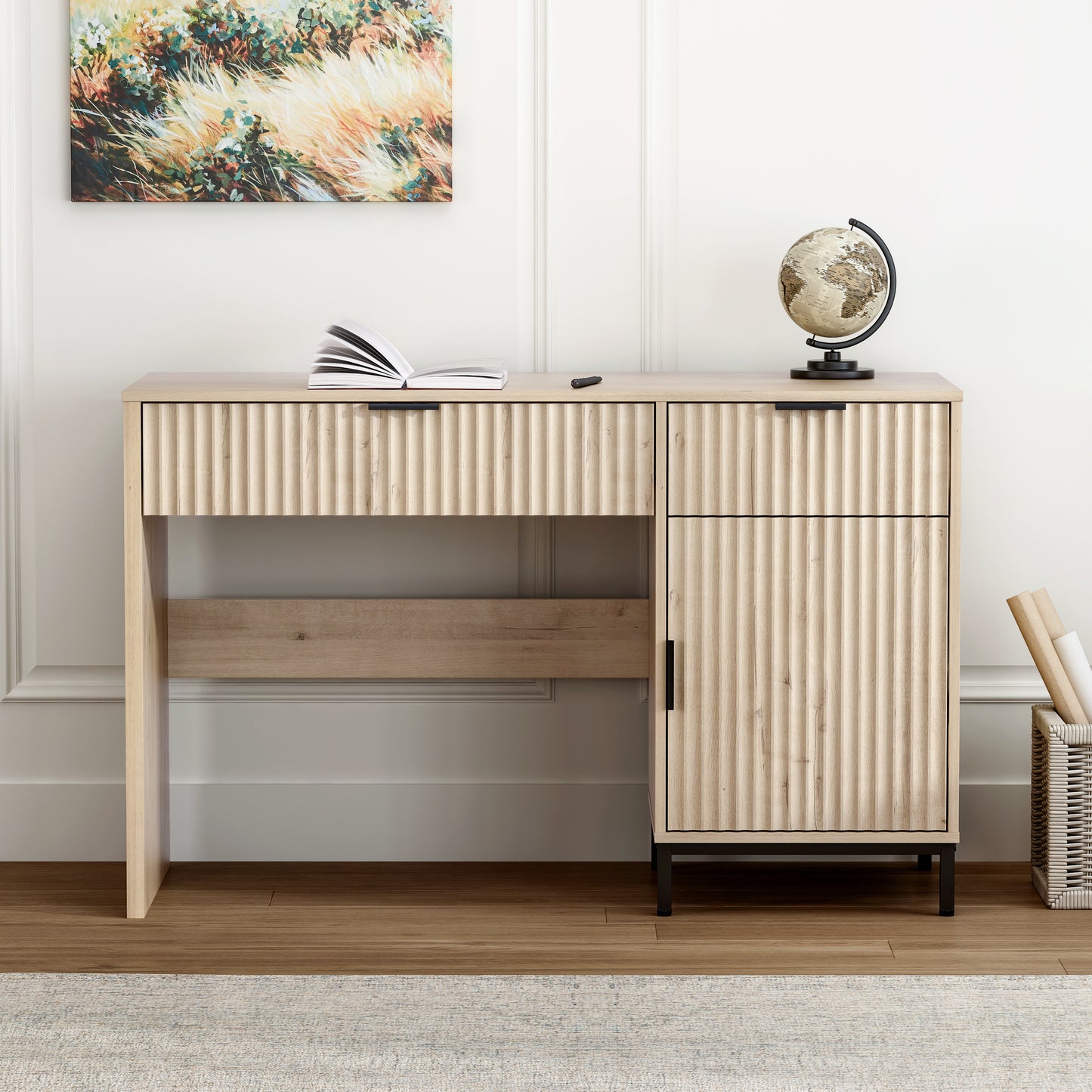47" Office Desk with Fluted Drawers, Wooden Home Exectuive Desk with Storage Cabinet, Charging Station, Metal Legs Modern Farmhouse Computer Desk for Work, Study