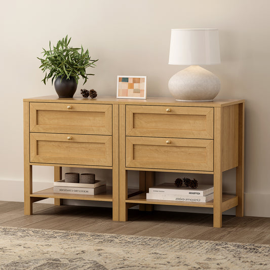 End Table with 2 Drawers, Farmhouse Nightstand with Open Shelf, Modern Bedside Cabinet Side Table Night Stand for Bedroom, Living Room