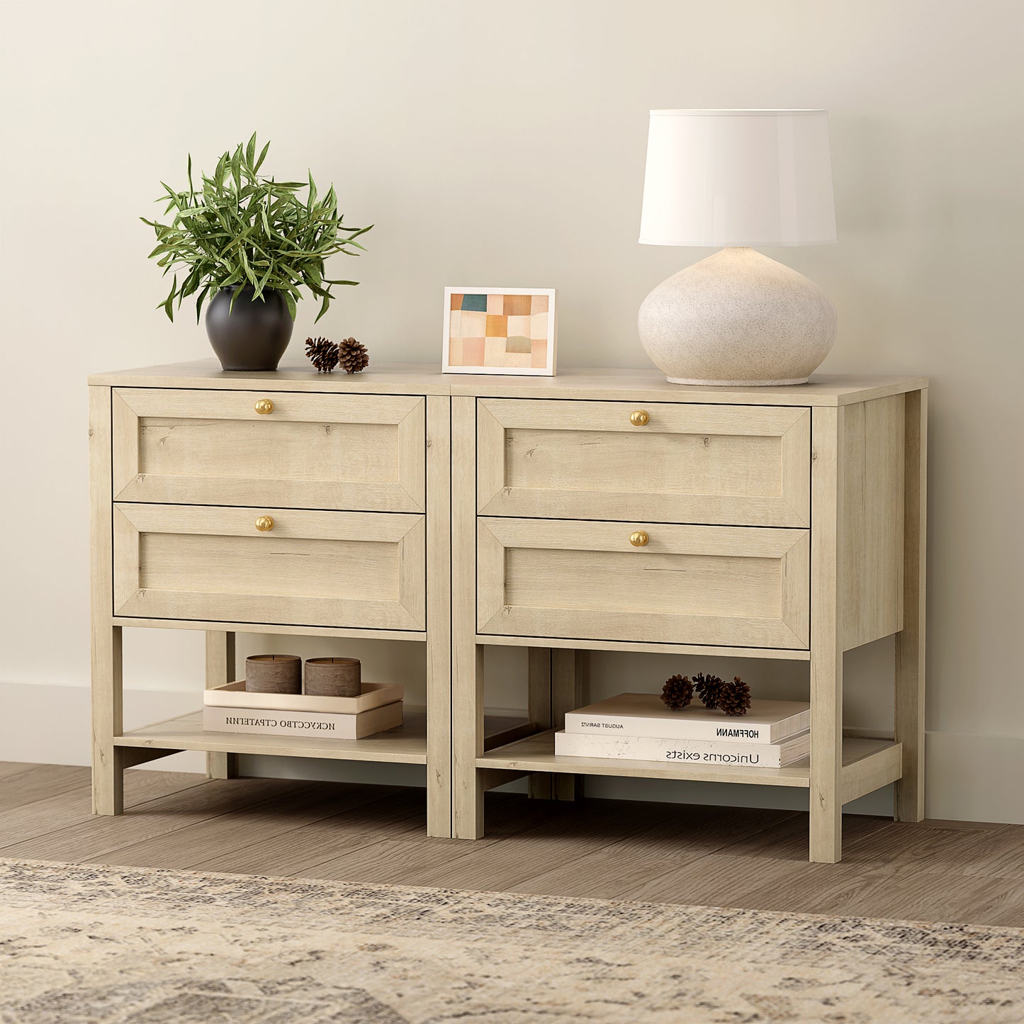 End Table with 2 Drawers, Farmhouse Nightstand with Open Shelf, Modern Bedside Cabinet Side Table Night Stand for Bedroom, Living Room