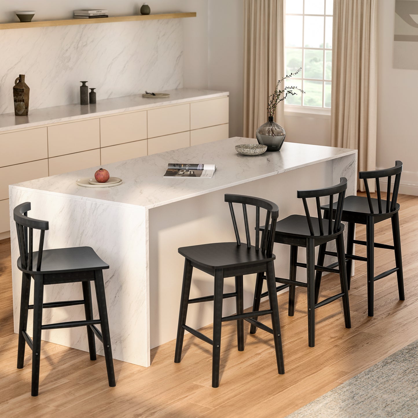 Modern Bar Stools Set of 2, 24" Wooden Counter Height Barstools, Modern Armless Farmhouse Bar Dining Chairs with Back & Footrest for Kitchen Island Pub