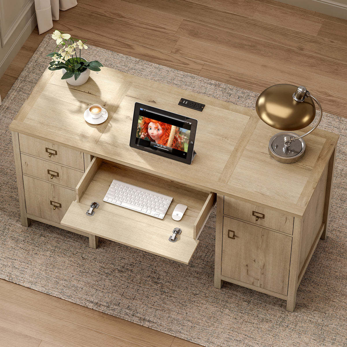59" Executive Desk with File Drawer, Farmhouse Computer Desk with Charging Station and Storage Cabinet Wood Home Office Desk for Writing Study