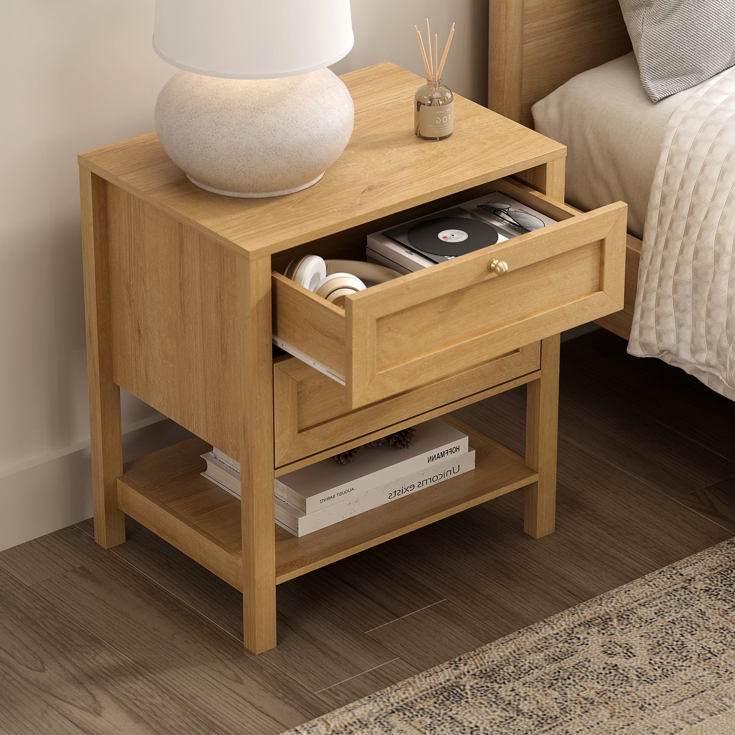 End Table with 2 Drawers, Farmhouse Nightstand with Open Shelf, Modern Bedside Cabinet Side Table Night Stand for Bedroom, Living Room
