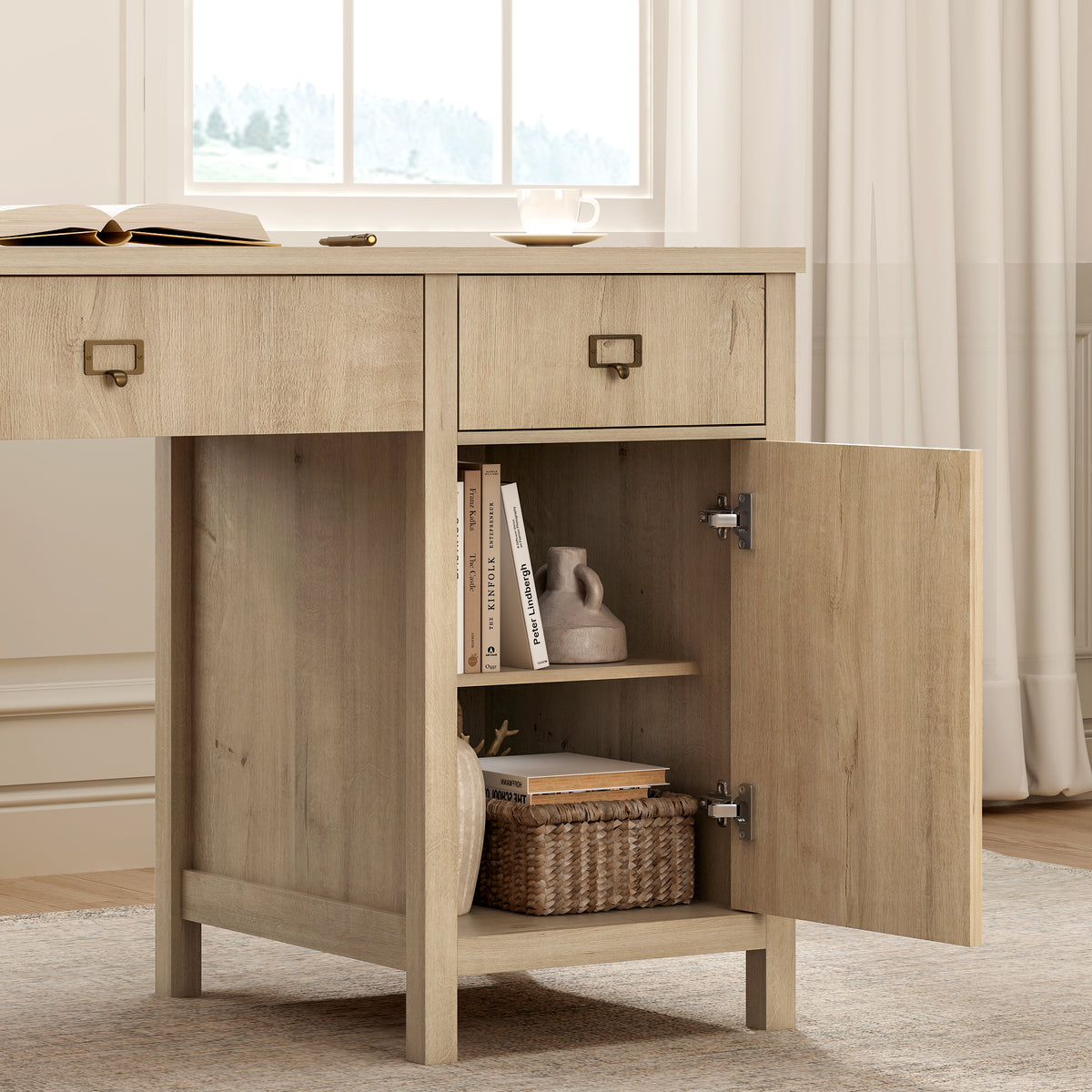 59" Executive Desk with File Drawer, Farmhouse Computer Desk with Charging Station and Storage Cabinet Wood Home Office Desk for Writing Study
