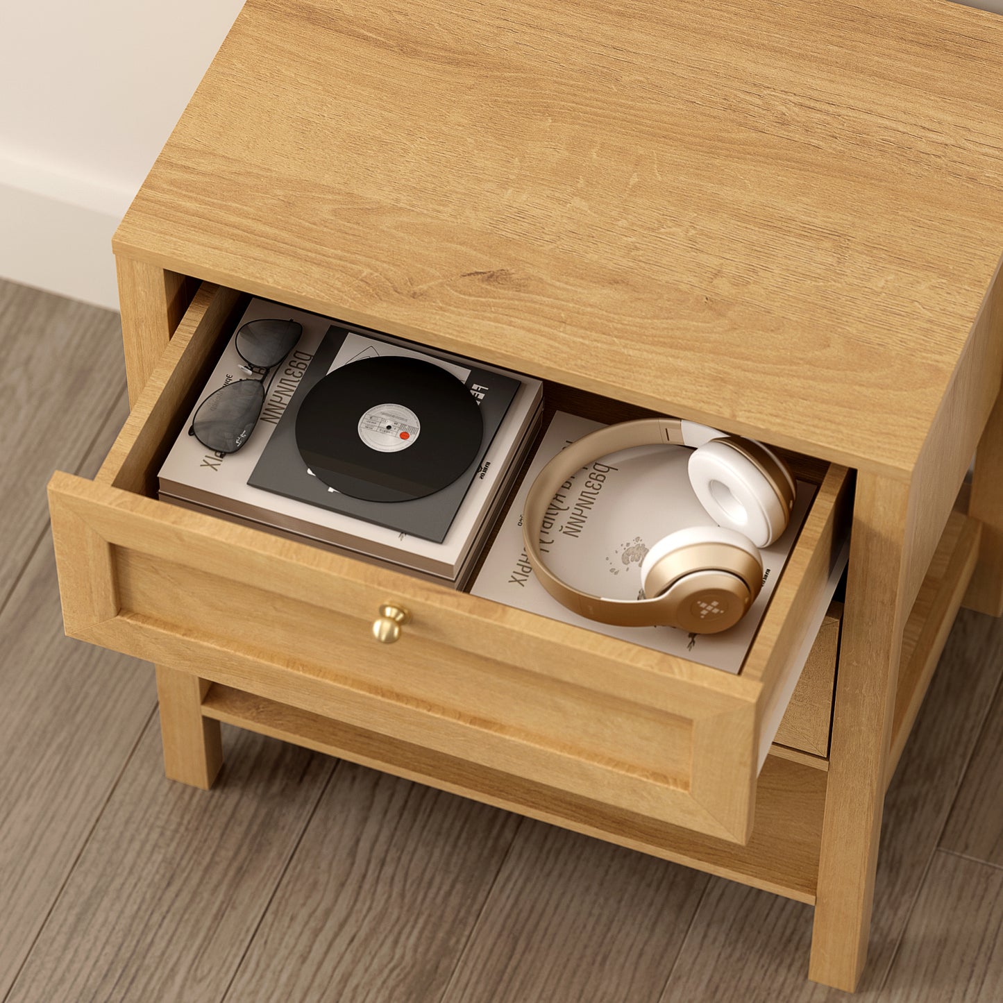 End Table with 2 Drawers, Farmhouse Nightstand with Open Shelf, Modern Bedside Cabinet Side Table Night Stand for Bedroom, Living Room