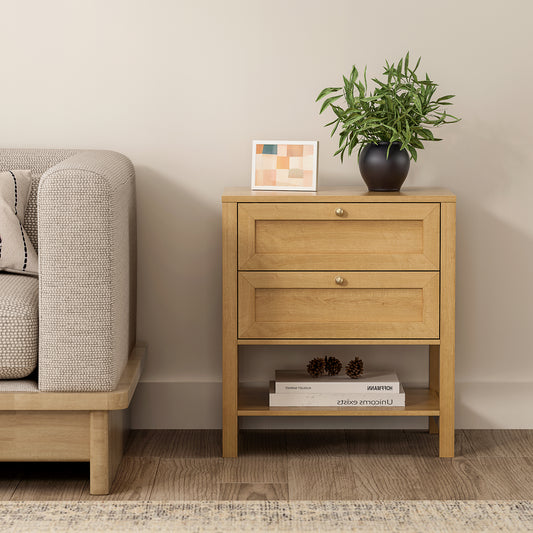 End Table with 2 Drawers, Farmhouse Nightstand with Open Shelf, Modern Bedside Cabinet Side Table Night Stand for Bedroom, Living Room