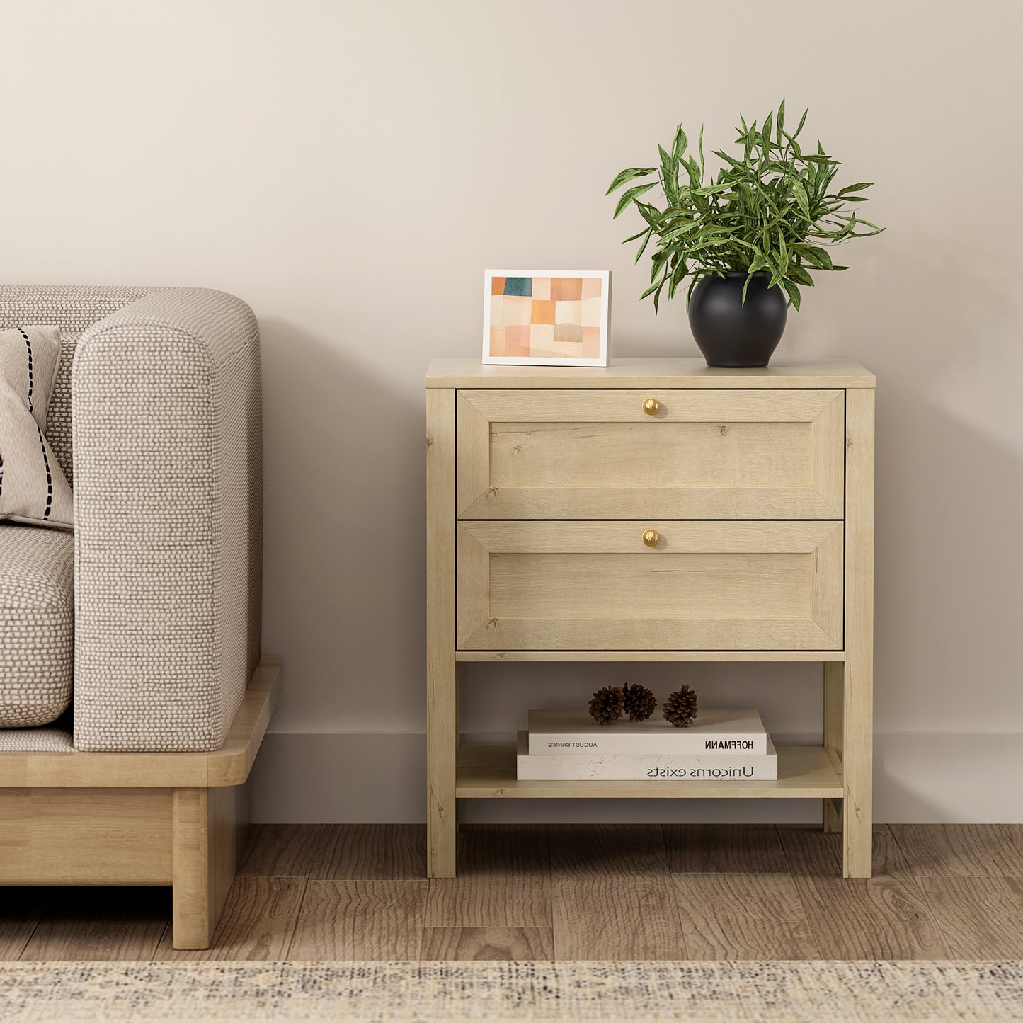 End Table with 2 Drawers, Farmhouse Nightstand with Open Shelf, Modern Bedside Cabinet Side Table Night Stand for Bedroom, Living Room