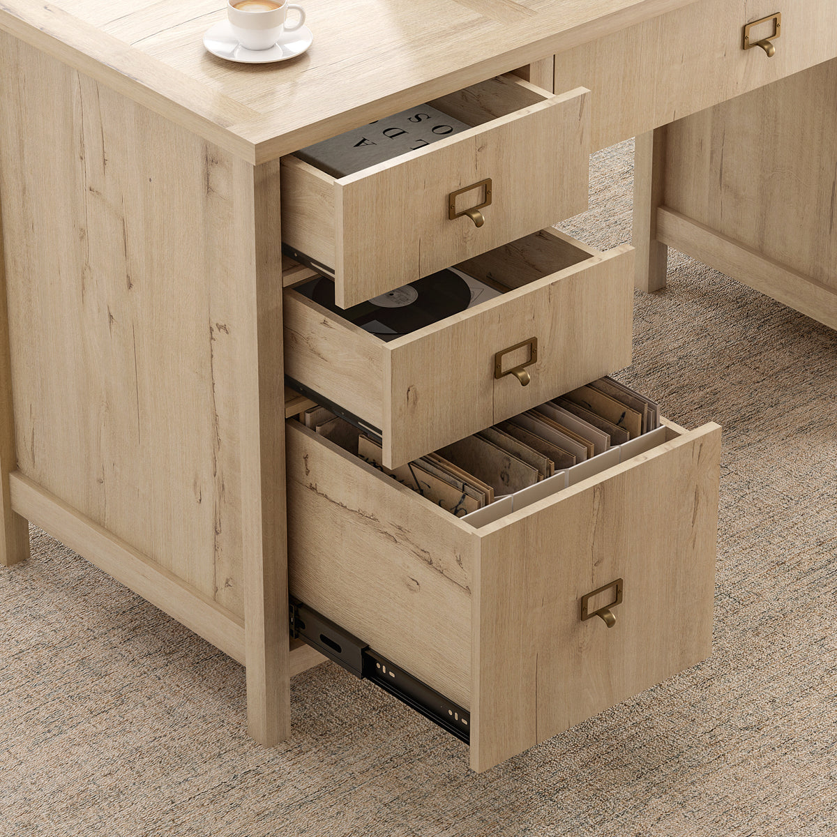 59" Executive Desk with File Drawer, Farmhouse Computer Desk with Charging Station and Storage Cabinet Wood Home Office Desk for Writing Study