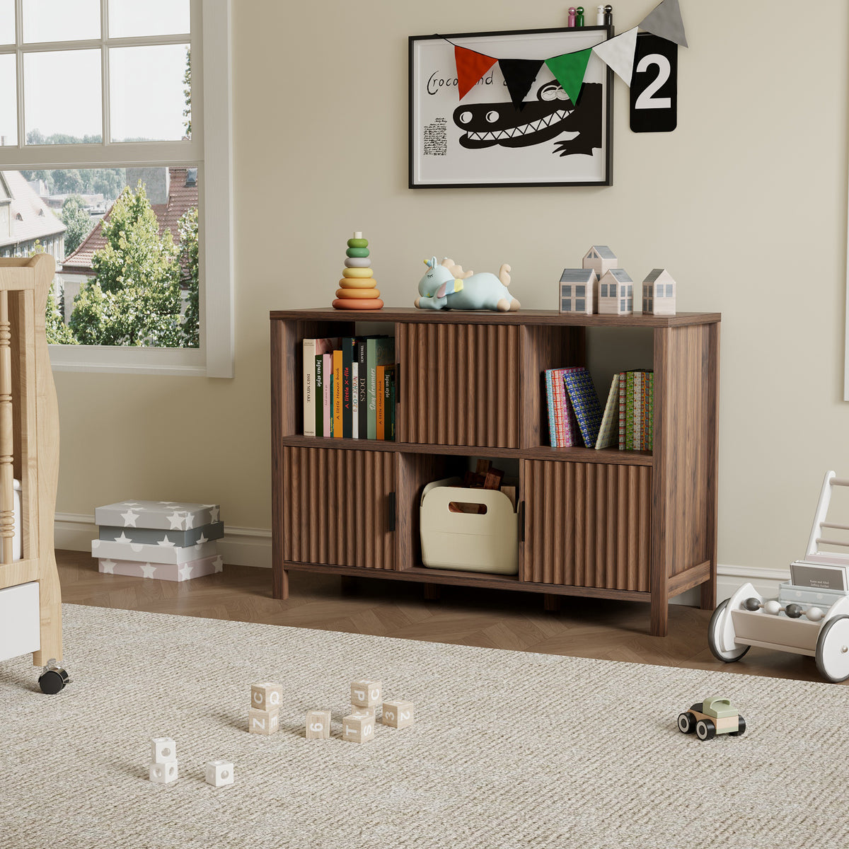 6 Cube Storage Organizer，Bookshelf with 3 Doors，for Living Room, Home Office
