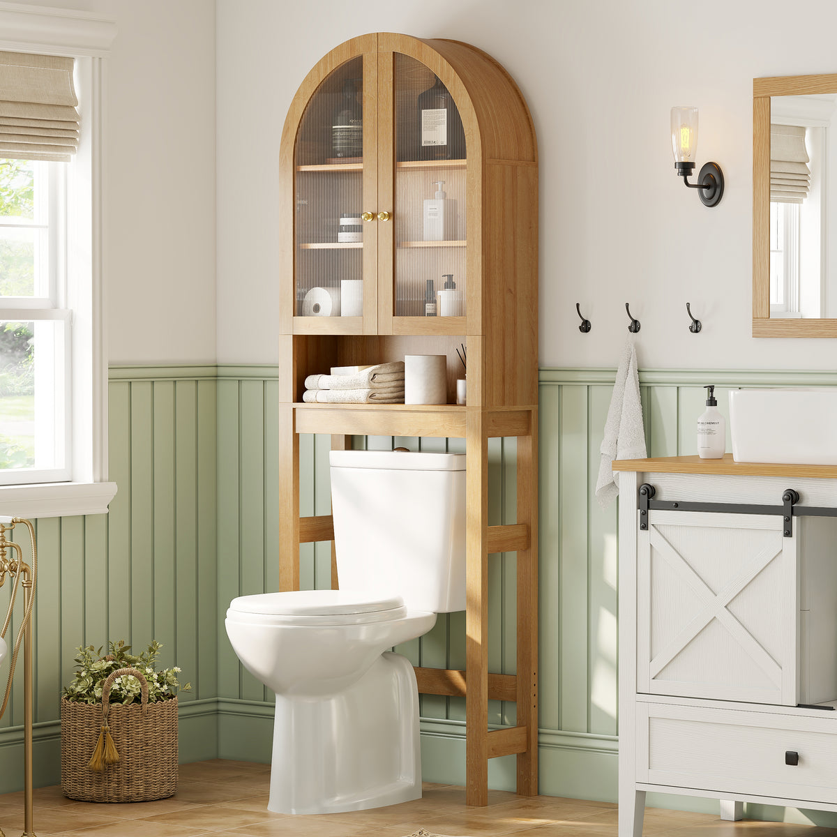 Arched Over The Toilet Storage Cabinet with Acrylic Door Over Toilet Bathroom Organizer Shelf with Open & Adjustable Shelf, Freestanding Bathroom Storage, Space-Saving