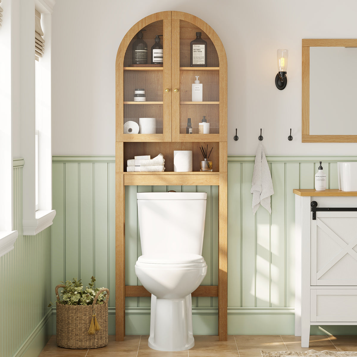 Arched Over The Toilet Storage Cabinet with Acrylic Door Over Toilet Bathroom Organizer Shelf with Open & Adjustable Shelf, Freestanding Bathroom Storage, Space-Saving