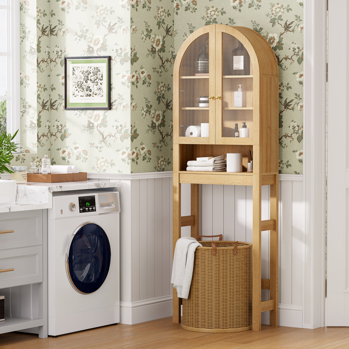 Arched Over The Toilet Storage Cabinet with Acrylic Door Over Toilet Bathroom Organizer Shelf with Open & Adjustable Shelf, Freestanding Bathroom Storage, Space-Saving