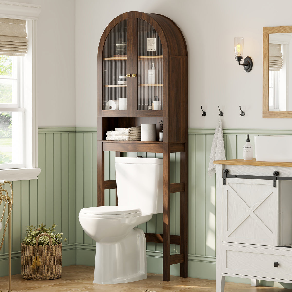 Arched Over The Toilet Storage Cabinet with Acrylic Door Over Toilet Bathroom Organizer Shelf with Open & Adjustable Shelf, Freestanding Bathroom Storage, Space-Saving