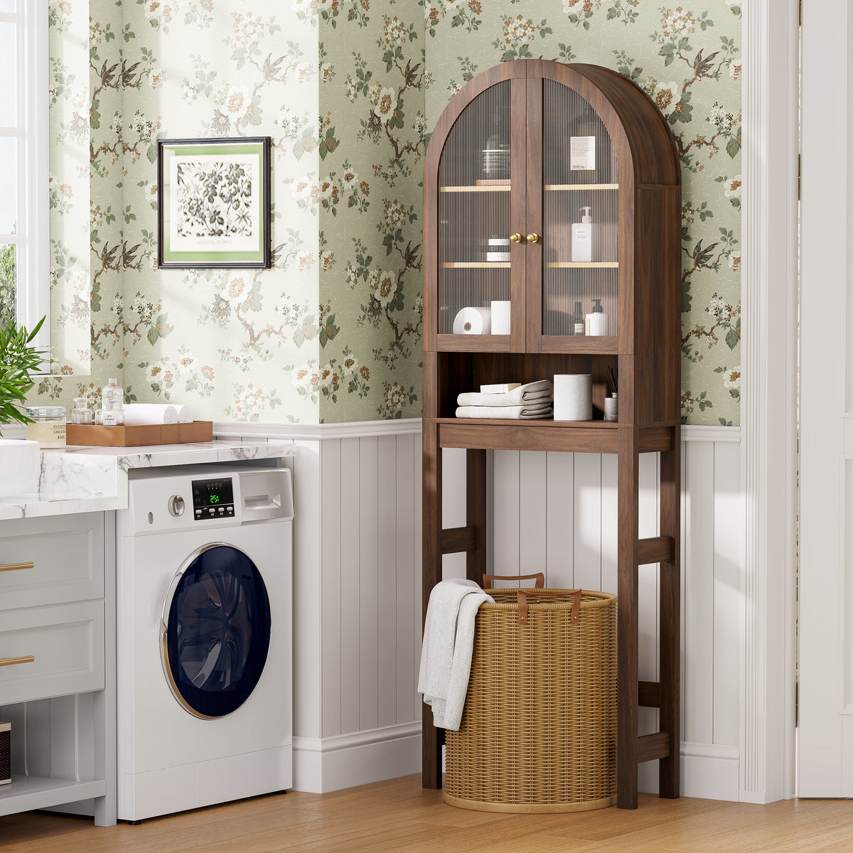 Arched Over The Toilet Storage Cabinet with Acrylic Door Over Toilet Bathroom Organizer Shelf with Open & Adjustable Shelf, Freestanding Bathroom Storage, Space-Saving