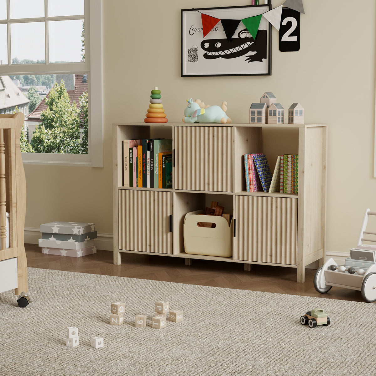 6 Cube Storage Organizer，Bookshelf with 3 Doors，for Living Room, Home Office