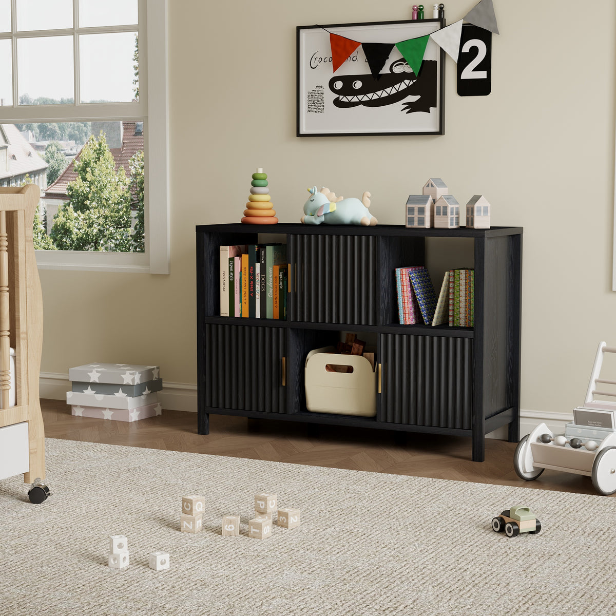 6 Cube Storage Organizer，Bookshelf with 3 Doors，for Living Room, Home Office
