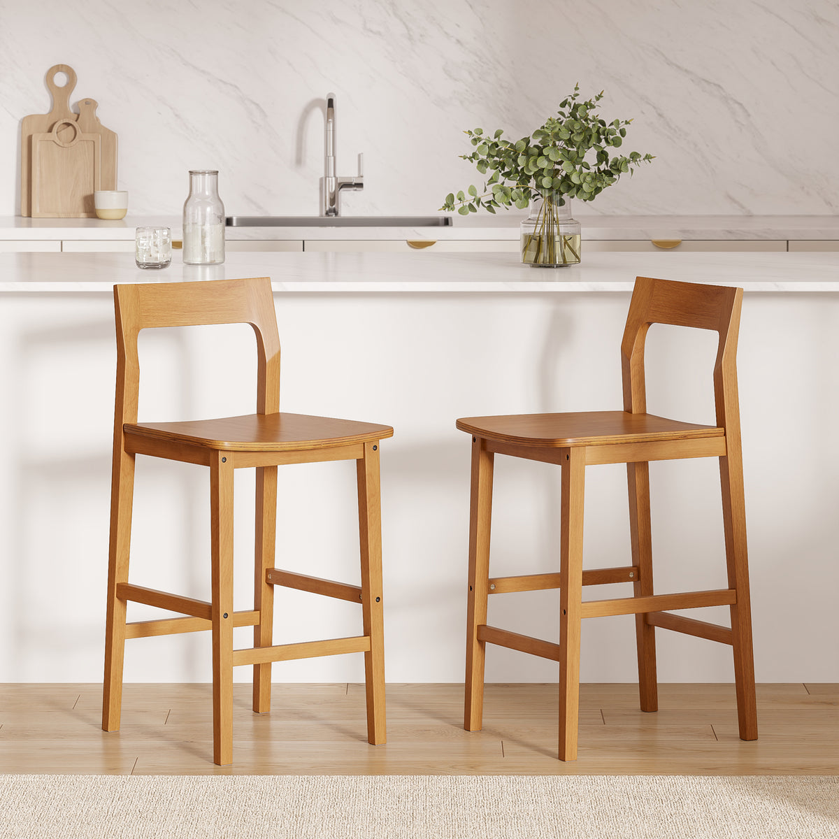 Modern Wood Barstools, Counter Height Bar Stools Armless Farmhouse Wooden Bar Dining Chairs with Back & Footrest for Kitchen Island Cafe Pub