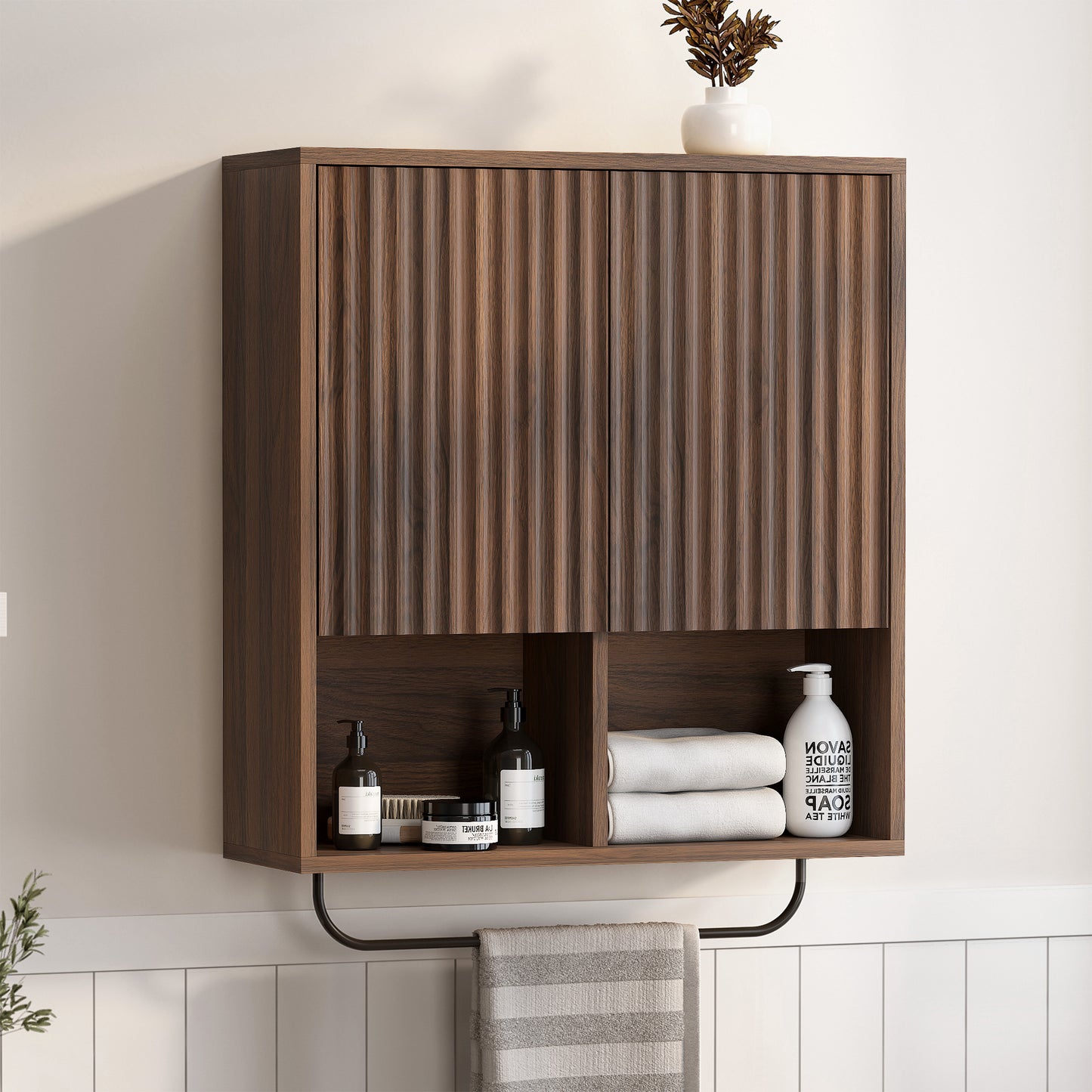 Fluted Wall Cabinets with Doors and Shelves Set of 2, Modern Medicine Cabinet Bathroom Adjustable Shelf Towel Rack Wood Storage Cabinet for Kitchen Dining Room Living Room
