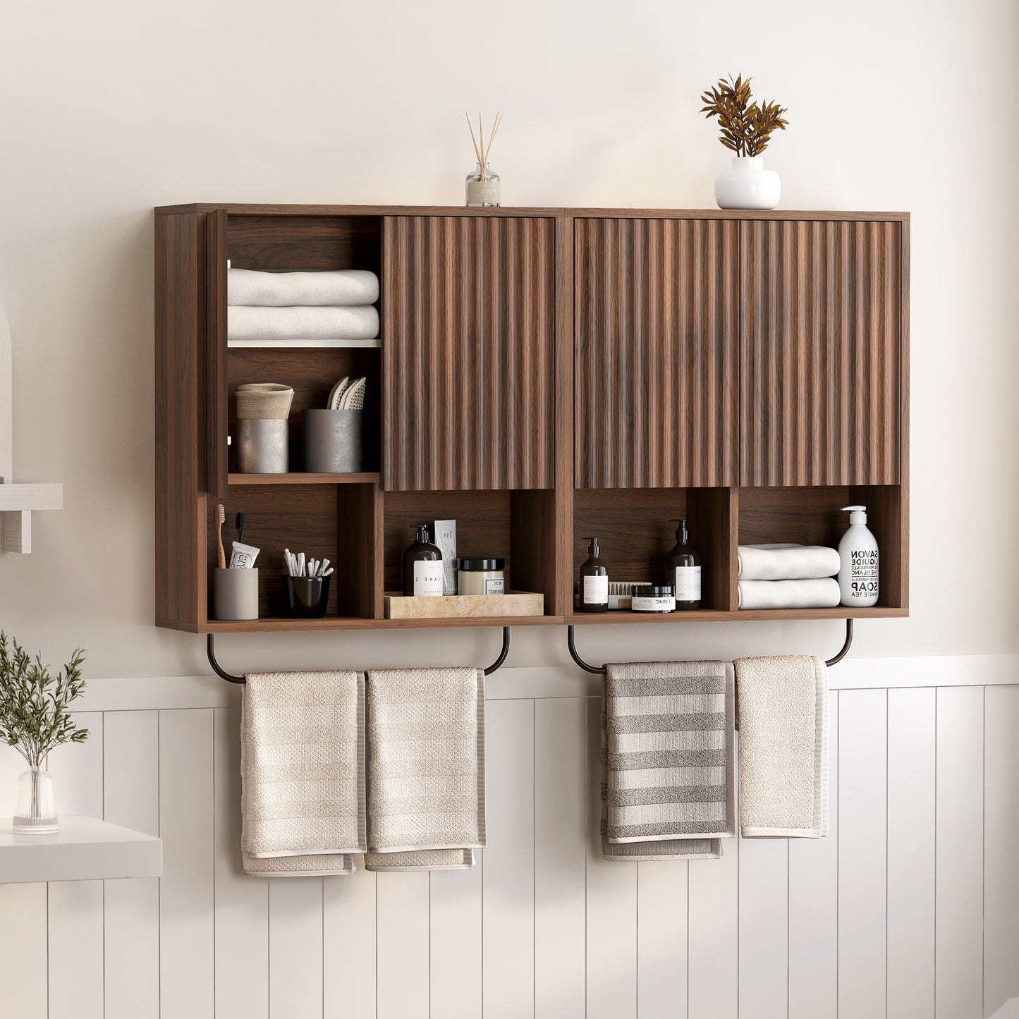 Fluted Wall Cabinets with Doors and Shelves Set of 2, Modern Medicine Cabinet Bathroom Adjustable Shelf Towel Rack Wood Storage Cabinet for Kitchen Dining Room Living Room