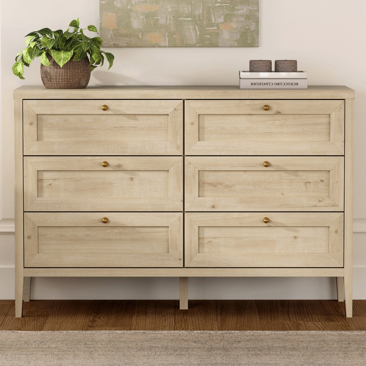 6 Drawer Dresser 47" Wide Chest of Drawers Mid Century Modern Wooden Storage Dresser Organizer TV Stand