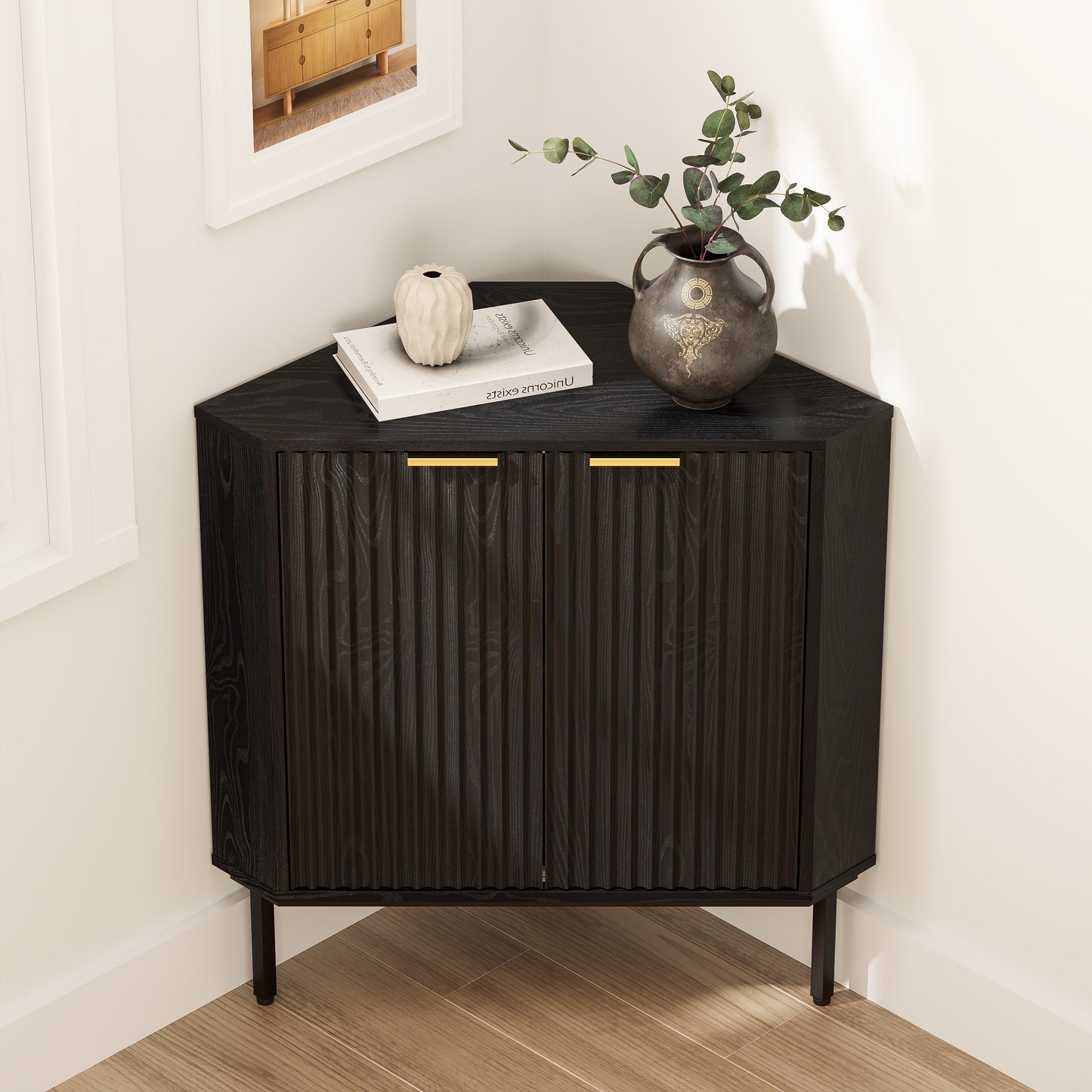 Modern Fluted Corner Cabinet, Small Floor Storage Cabinet with Adjustable Shelf & Metal Legs, Wooden Freestanding Narrow Organizer for Living Room Kitchen