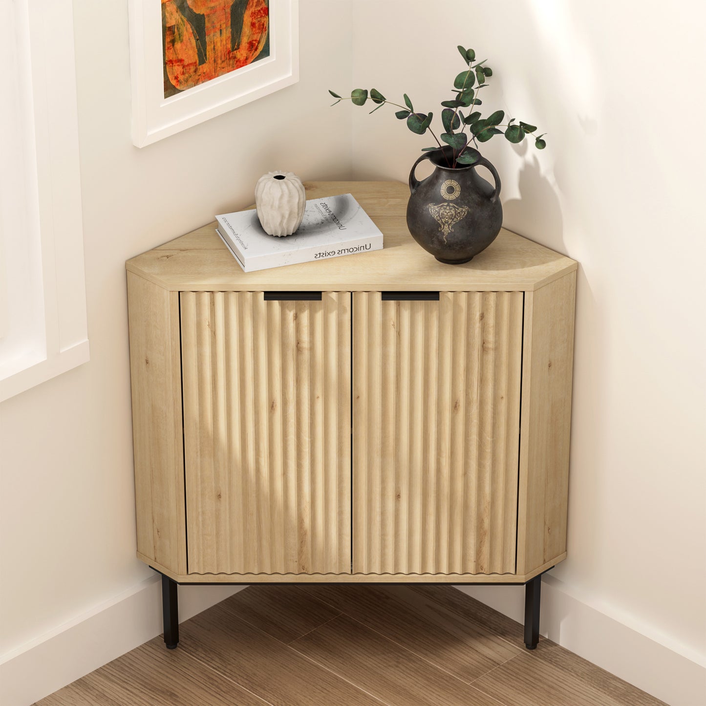 Modern Fluted Corner Cabinet, Small Floor Storage Cabinet with Adjustable Shelf & Metal Legs, Wooden Freestanding Narrow Organizer for Living Room Kitchen