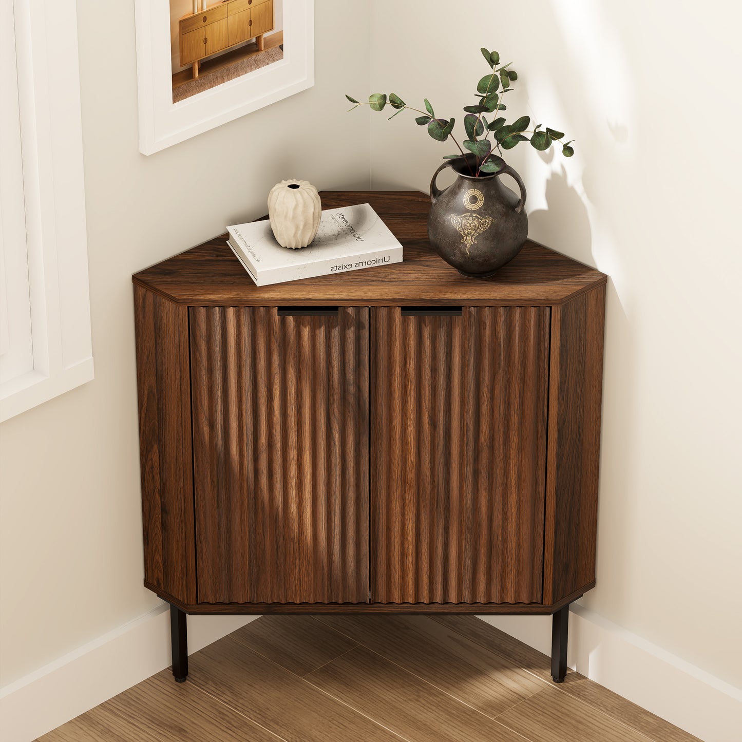 Modern Fluted Corner Cabinet, Small Floor Storage Cabinet with Adjustable Shelf & Metal Legs, Wooden Freestanding Narrow Organizer for Living Room Kitchen