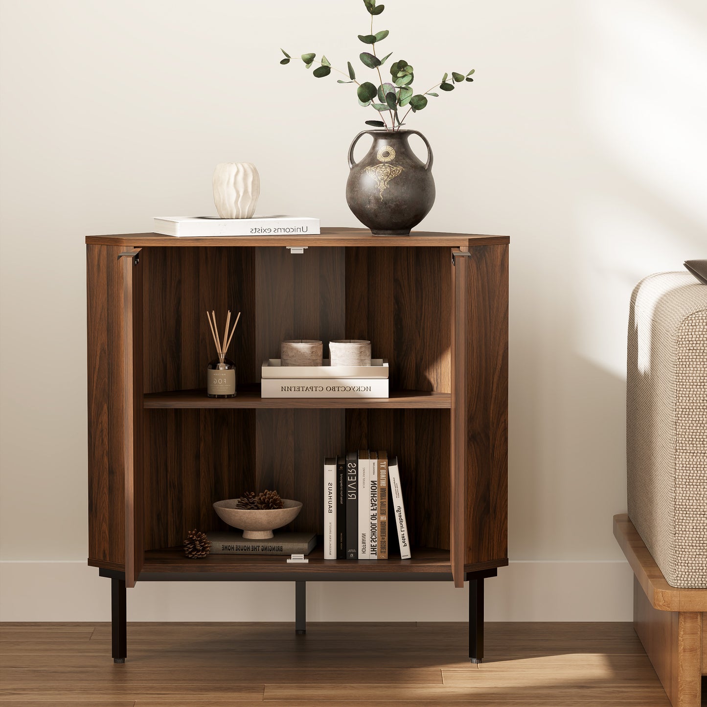 Modern Fluted Corner Cabinet, Small Floor Storage Cabinet with Adjustable Shelf & Metal Legs, Wooden Freestanding Narrow Organizer for Living Room Kitchen