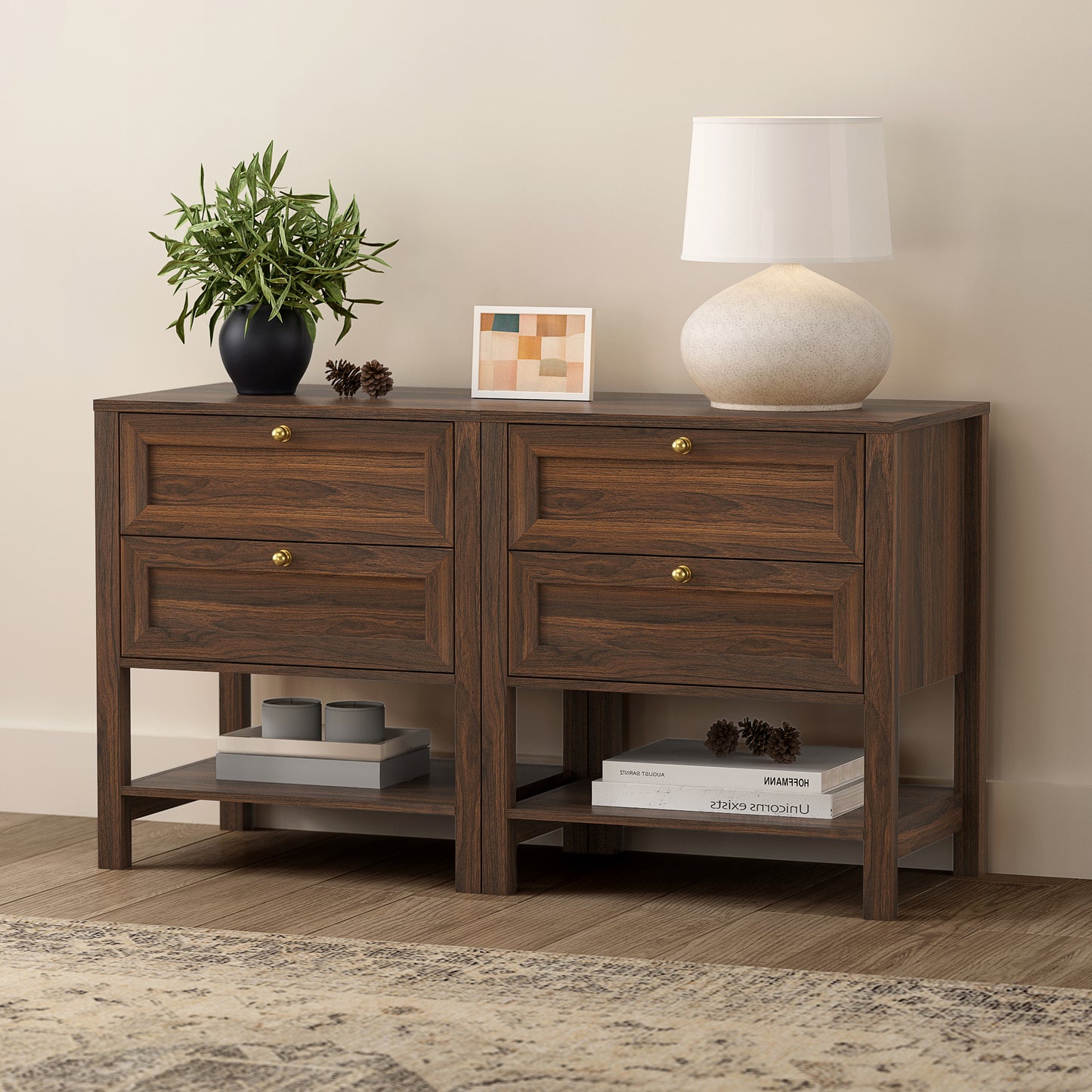 End Table with 2 Drawers, Farmhouse Nightstand with Open Shelf, Modern Bedside Cabinet Side Table Night Stand for Bedroom, Living Room