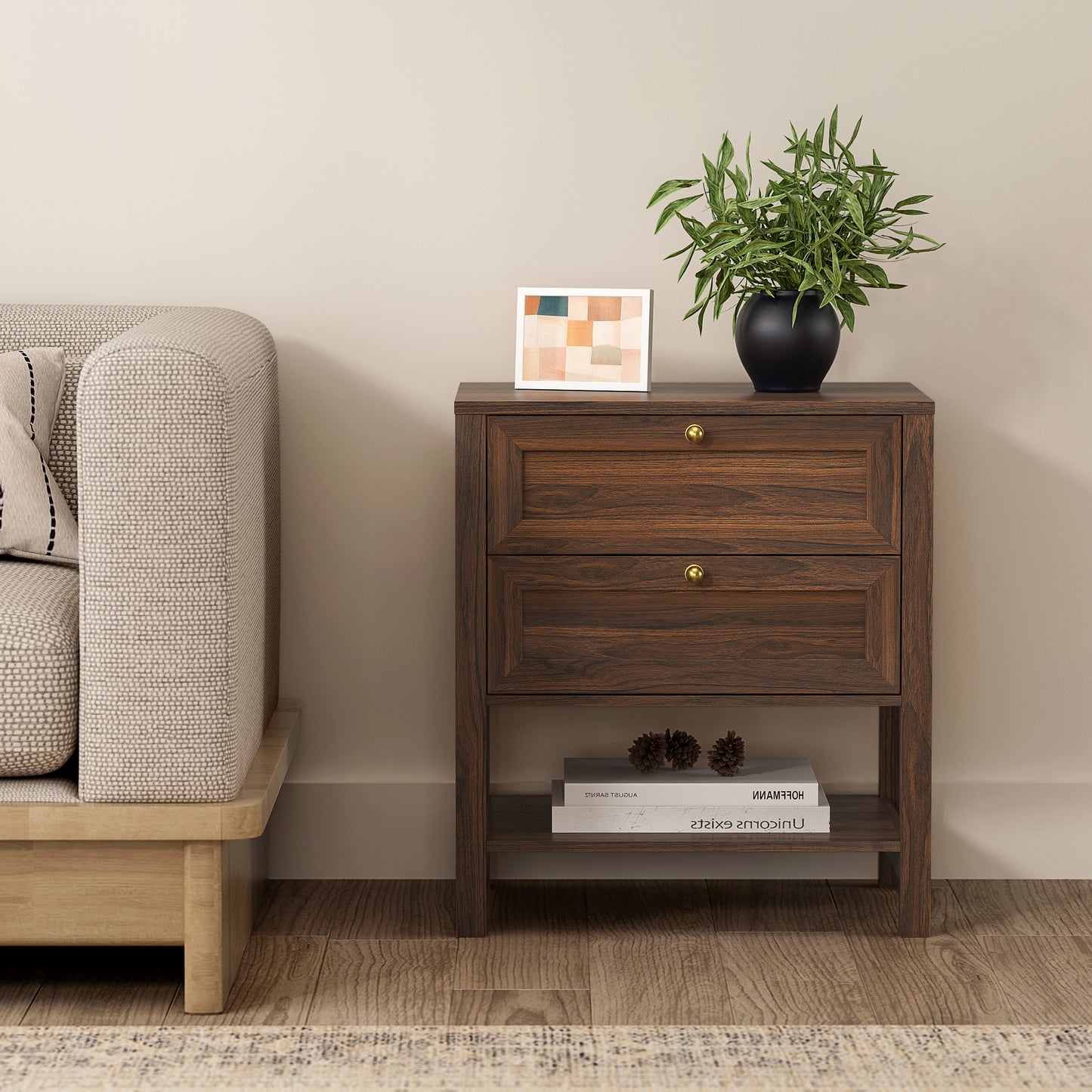 End Table with 2 Drawers, Farmhouse Nightstand with Open Shelf, Modern Bedside Cabinet Side Table Night Stand for Bedroom, Living Room